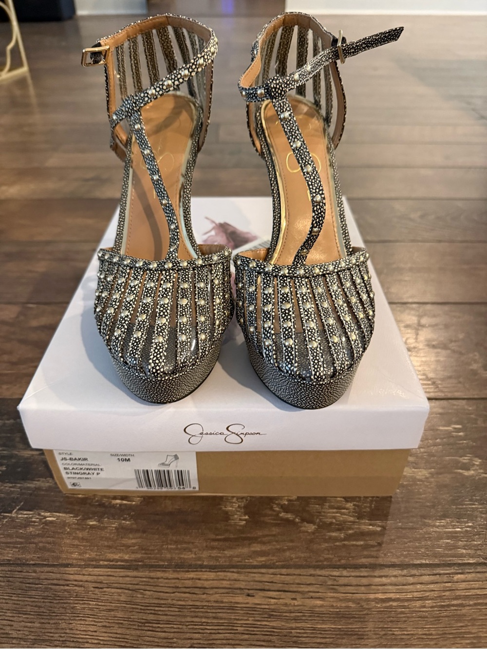 Jessica Simpson Black and Silver T-Strap Embellished Platform Heels